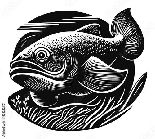 Hand-Drawn Fish Illustration in Linocut and Woodcut Style Art