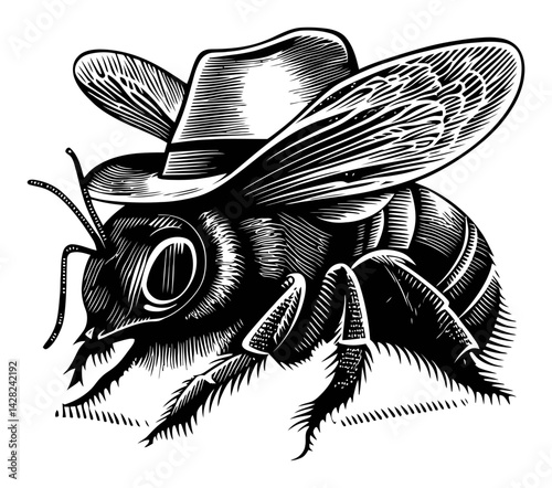 Detailed Linocut Style Illustration of a Bee Wearing a Hat