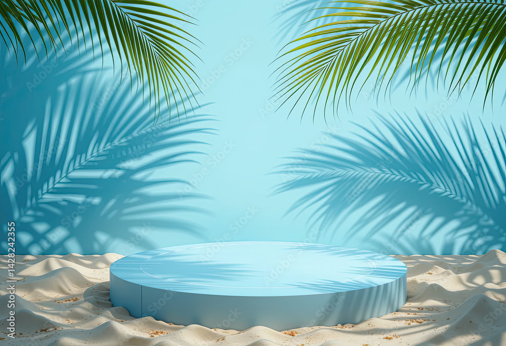 Obraz premium Light blue round podium on tropical sand with palm leaf shadows and sky blue background, vibrant summer scene for product mockup, skincare branding, or beach-themed eco design