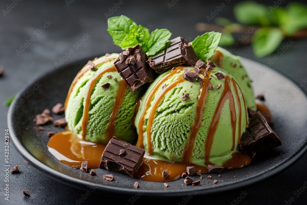 Delicious pistachio ice cream drizzled with caramel and topped with chocolate and fresh mint