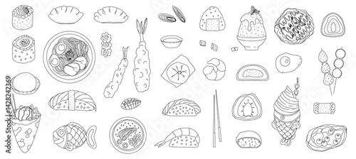 Asian food and sweets. Big set. Traditional sweets and food of Japan and China. Ramen, sushi, onigiri, taiyaky, kakigori and more. Illustration without color. Hand Drawing. Doodle style. Vector	