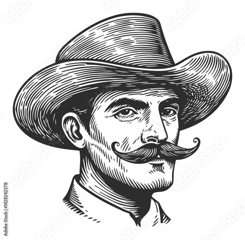 Vintage Cowboy Portrait in Detailed Linocut and Woodcut Style
