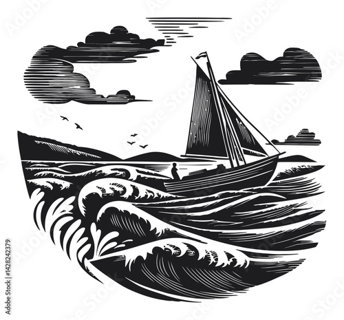 Hand-Drawn Linocut Style Seascape with Sailboat and Waves