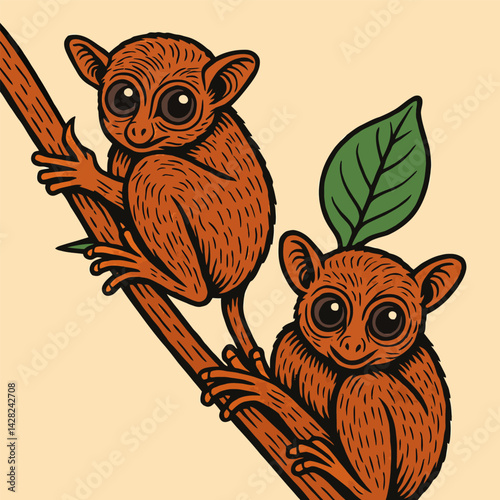Two Adorable Primates Sitting on Branch with Large Green Leaf