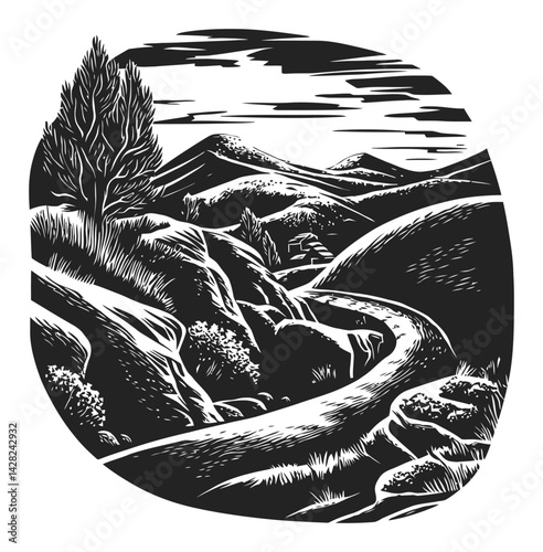 Hand-Drawn Linocut Landscape with Rolling Hills and Winding Road