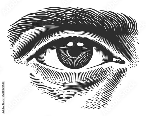 Detailed Black and White Eye Illustration in Linocut Style