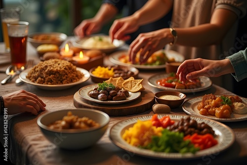 Festive Feast: A sumptuous table laden with a rich array of dishes, inviting diners to partake in a culinary celebration, capturing the essence of shared meals and joyful gatherings.