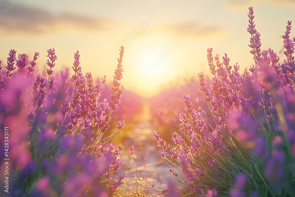 Naklejka premium Lavender fields at sunset with vibrant purple blooms Generative AI