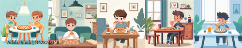vector boy eating pizza at table