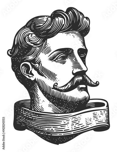 Detailed Hand-Drawn Portrait in Linocut Style of a Mustached Man