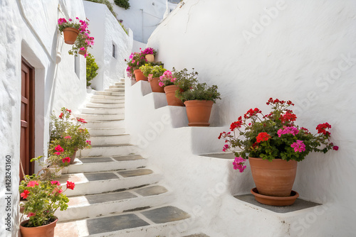 White Mediterranean Stepway with Flower Pots