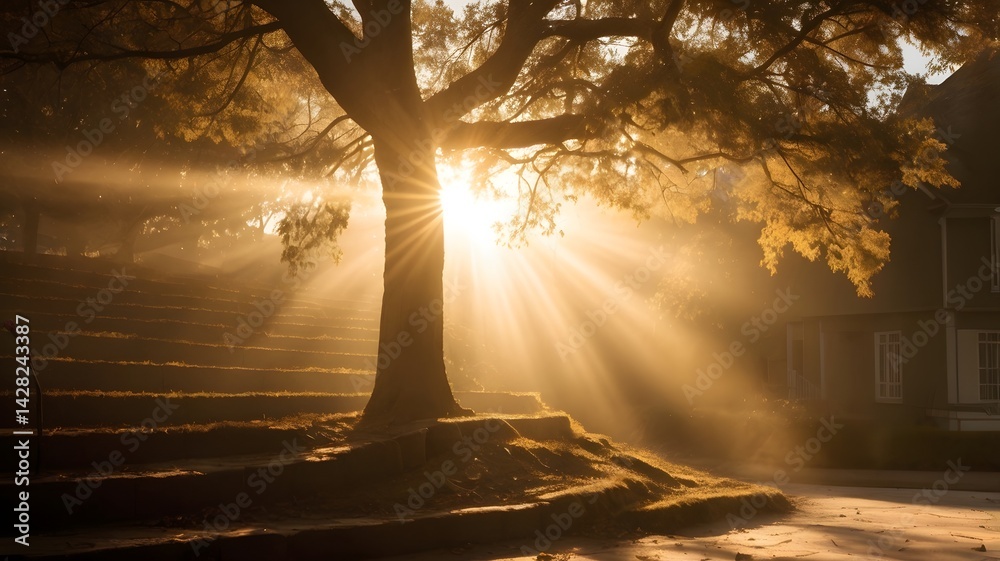 Fototapeta premium Sun Rays Shining Through Tree on Steps Creating a Magical Scene
