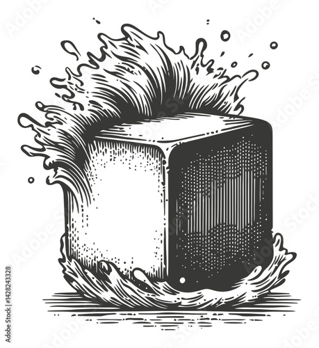 Hand-Drawn Linocut Style Illustration of Ice Cube Splashing Water