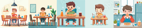 vector boy eating pizza at table