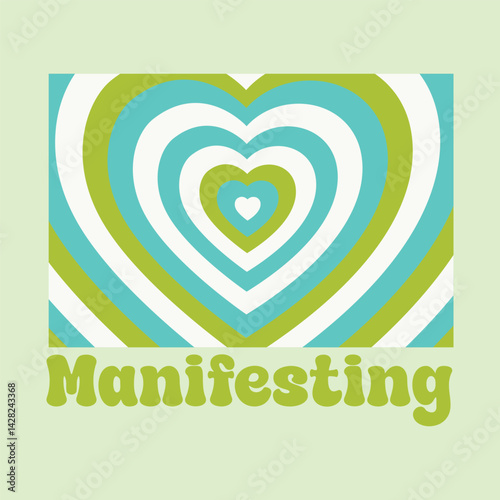 A vibrant and retro-inspired pattern with multiple hearts in blue, green, and white, featuring the bold slogan “Manifesting”. Perfect for positive vibes, youth apparel, and abstract design prints.