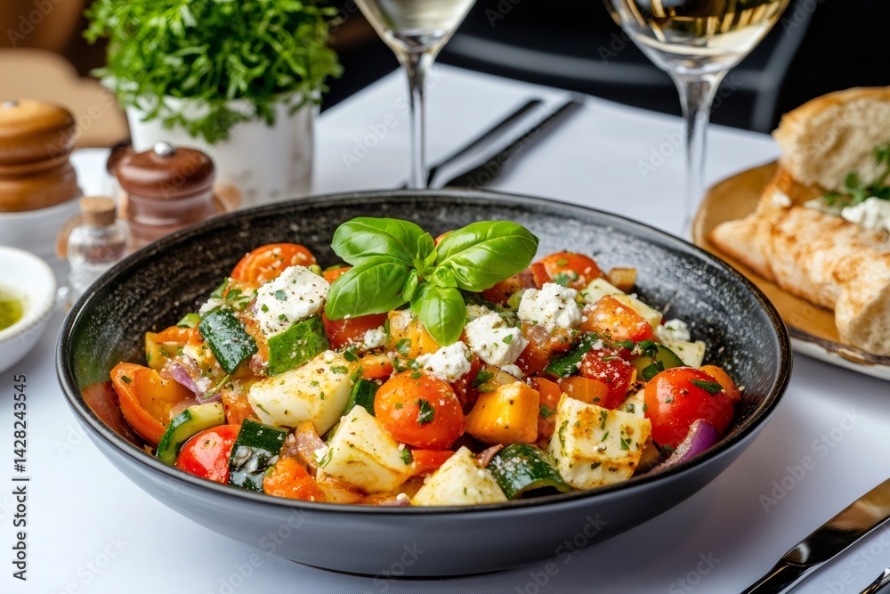 Delicious mediterranean salad with roasted vegetables, halloumi, and goat cheese in a restaurant setting