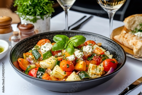 Obraz na płótnie Delicious mediterranean salad with roasted vegetables, halloumi, and goat cheese in a restaurant setting w salonie