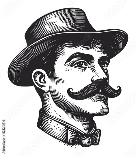 Vintage Hand Drawn Portrait of a Gentleman with Mustache and Hat