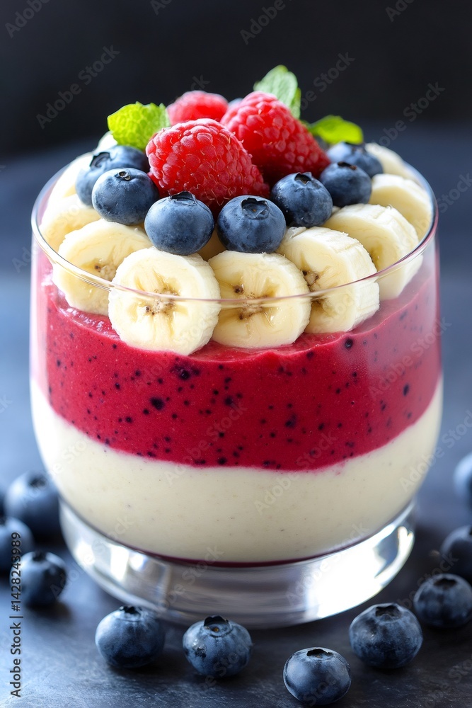 Delicious layered smoothie with fresh fruits in a glass