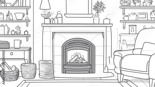 Cozy living room with fireplace and shelving.