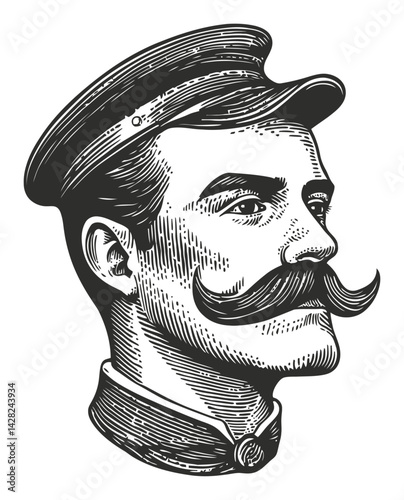 Vintage Linocut Style Illustration of Man with Mustache and Cap