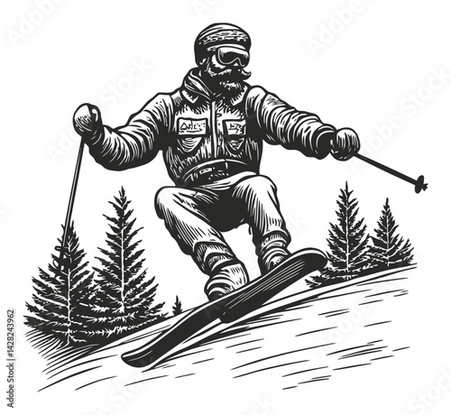 Vintage Linocut Style Skier in Action on Snowy Mountain Slope