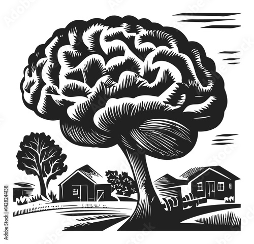Hand-Drawn Linocut Style Tree with Houses in Black and White Design