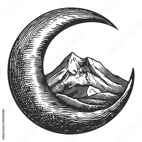 Hand-Drawn Linocut Style Mountain and Crescent Moon Design