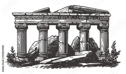 Hand-Drawn Linocut of Ancient Greek Temple with Mountain Background