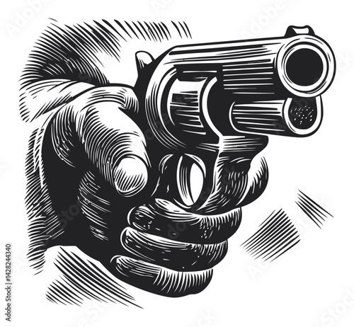 Hand-Drawn Linocut Style Illustration of a Gun in Action