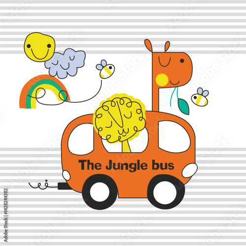 Fun t-shirt design with 'The Jungle Bus' slogan and cute animal illustrations – perfect for kids.