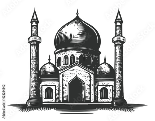 Hand-Drawn Linocut Style Illustration of a Classic Mosque Structure