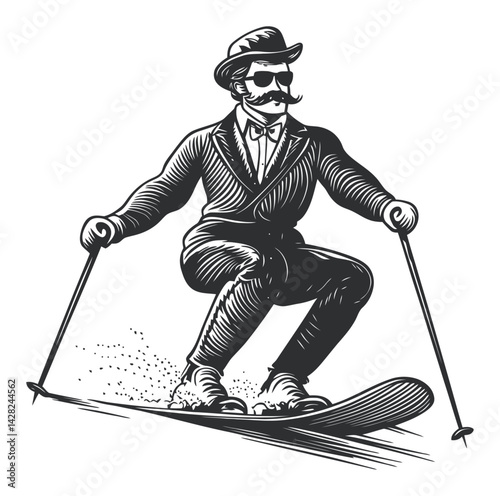 Vintage Man Skiing in Elegant Attire, Hand-Drawn Linocut Style