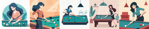 vector set of women playing billiards