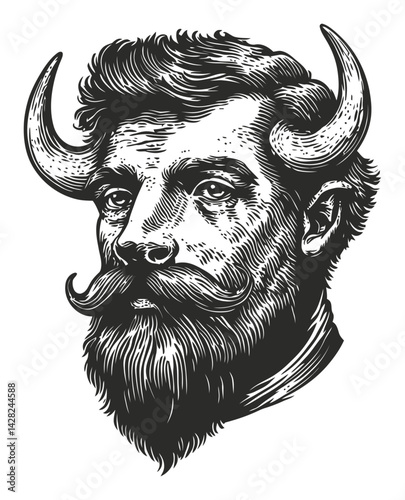 Detailed Linocut Style Portrait of a Bearded Man with Horns