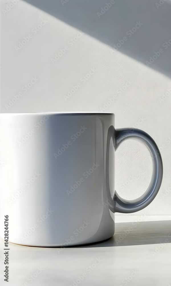 White mug with gray handle rotating on a white table under sunlight creates a minimalist and stylish template for showcasing designs or branding White mug with gray handle rotating on a white table under sunlight creates a minimalist and stylish template for showcasing designs or branding