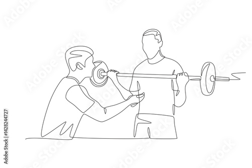 Personal training provides guidance on lifting barbells. Personal training concept one-line drawing
