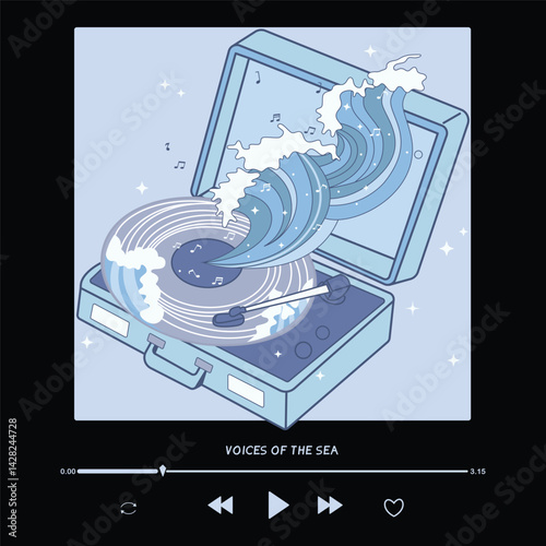 Surreal Ocean Wave on Vinyl Record – Dreamy Music Player Illustration in Pastel Blue Theme