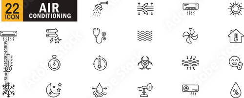 Air editable outline icon set. Conditioning temperature ventilation humidity airflow and more.