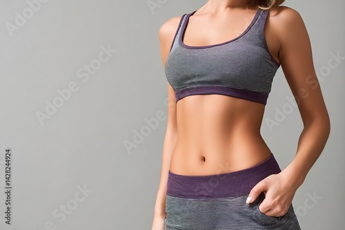 Fit woman showing toned abs in sports bra against neutral background