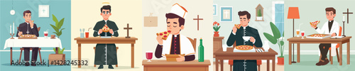 vector priest eating pizza at the table