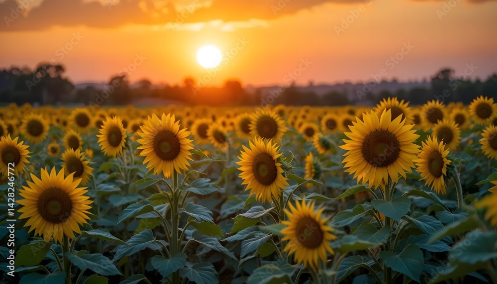 Fototapeta premium Sunflower Field Blooming at Sunset with Warm Orange Sky Glow