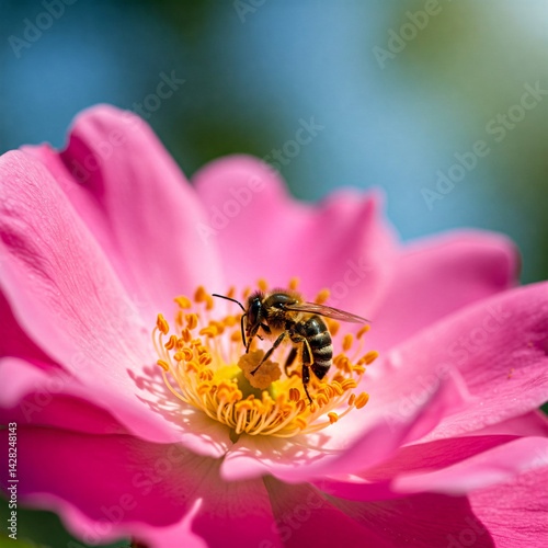 Close-up of a bee on a rosehip flower (Rosa canina)