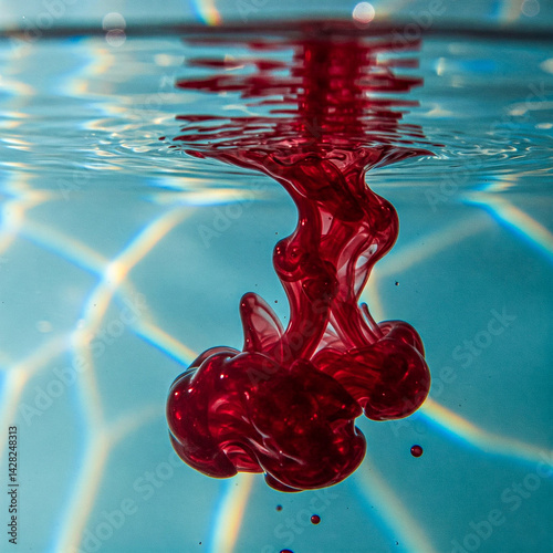 A drop of blood falling into water and mixing