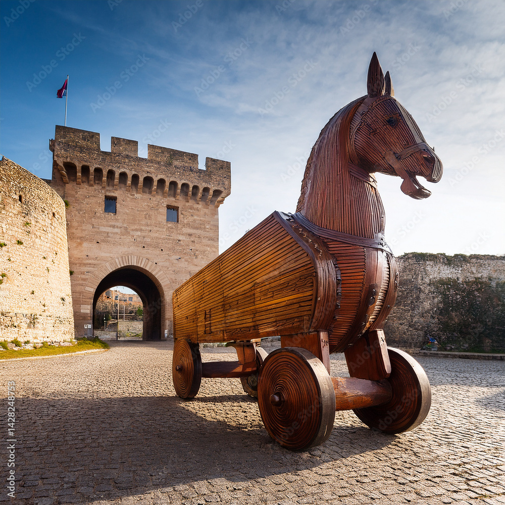 A wooden Trojan horse in front of a fortress gate