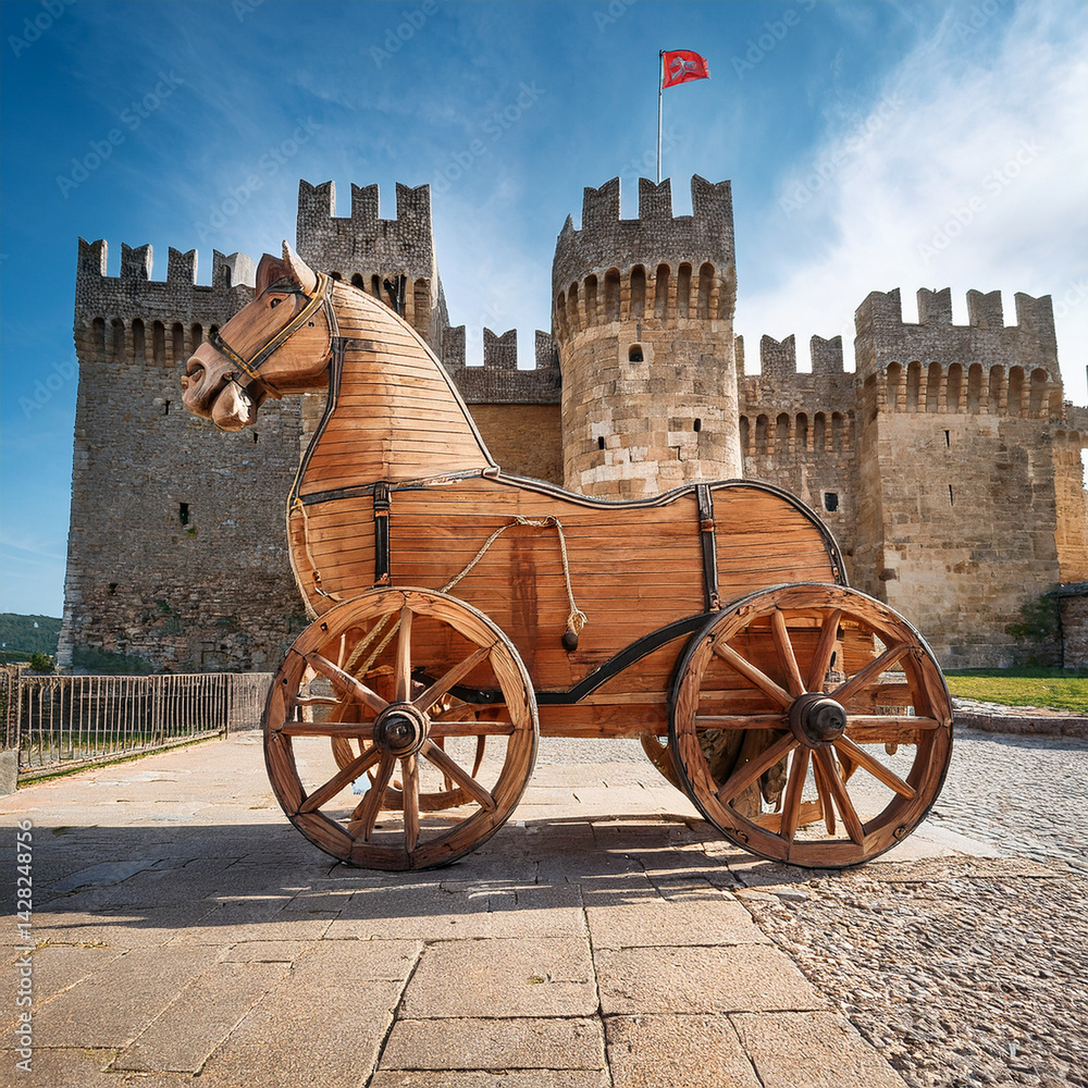 A wooden Trojan horse in front of a fortress