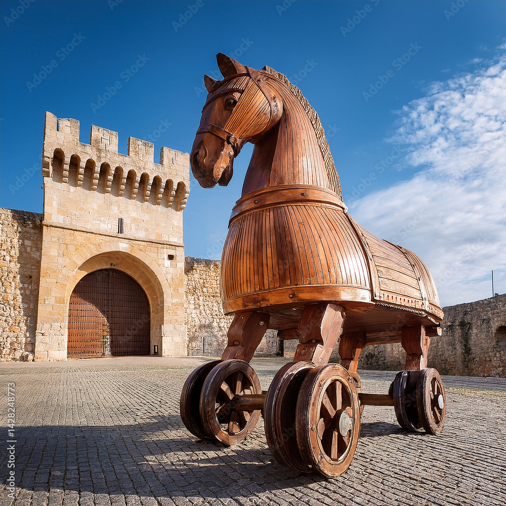 A wooden Trojan horse in front of a fortress