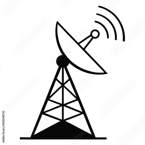 Black And White Vector Illustration Of Satellite Dish Tower Transmitting Signal