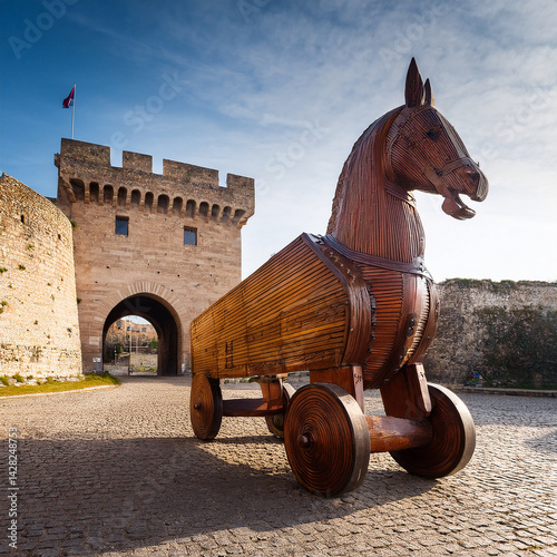 Obraz na płótnie A wooden Trojan horse in front of a fortress gate w salonie