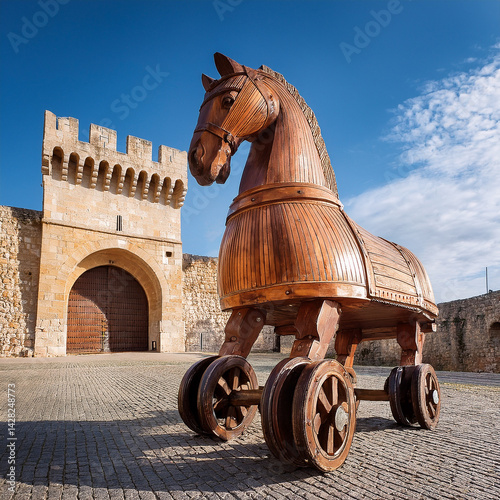 A wooden Trojan horse in front of a fortress